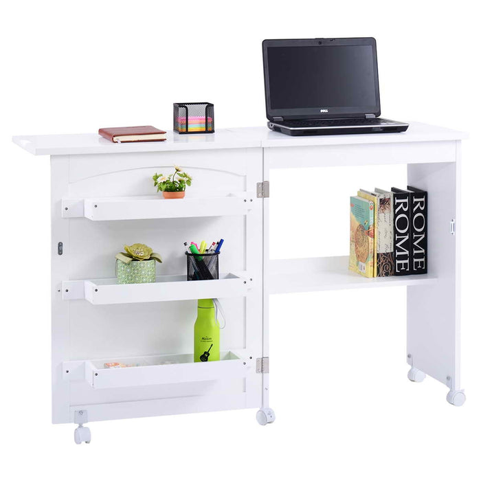 Mobiletto per macchina da cucire pieghevole Tavolo da cucito con mensole 117x40x78cm Bianco-Scrivanie