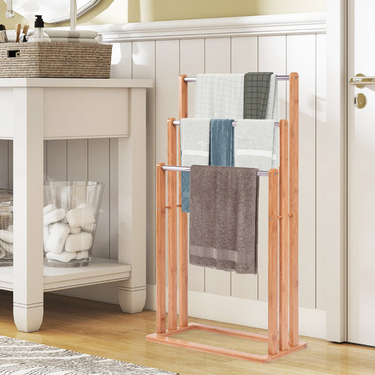 Porta asciugamani in legno di bambu con 3 barre in acciaio inox da terra 46x24x84cm-Portasciugamani