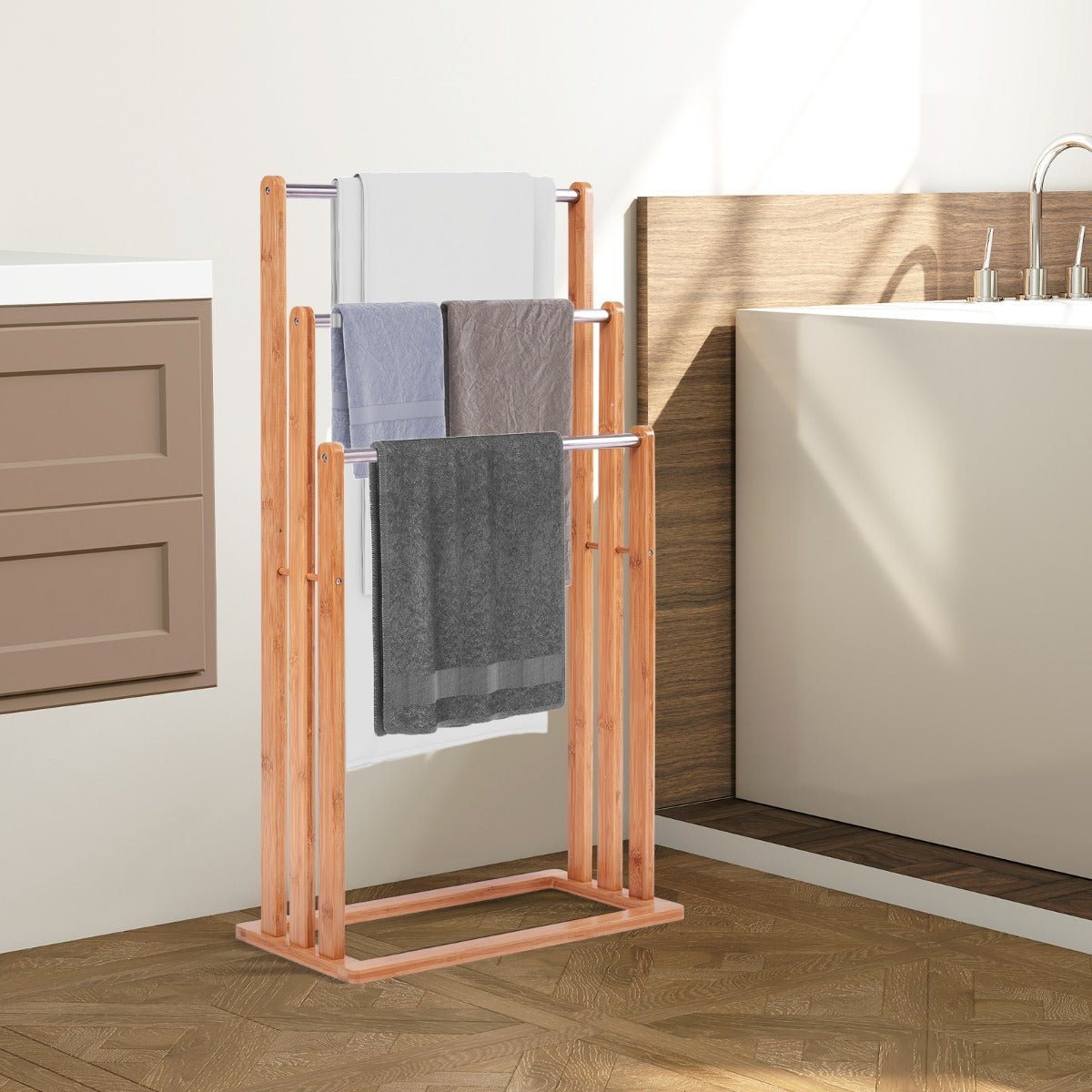 Porta asciugamani in legno di bambu con 3 barre in acciaio inox da terra 46x24x84cm-Portasciugamani
