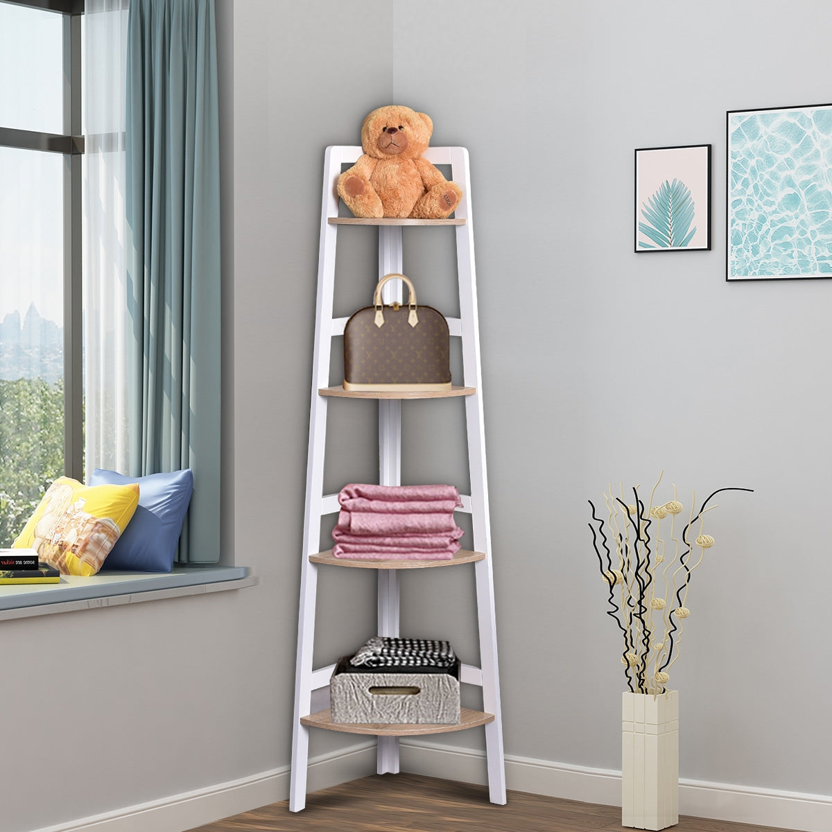 Scaffale a 4 ripiani in legno per fiori e piante Scaffale angolo per giardino e casa Bianco-Scaffali e librerie