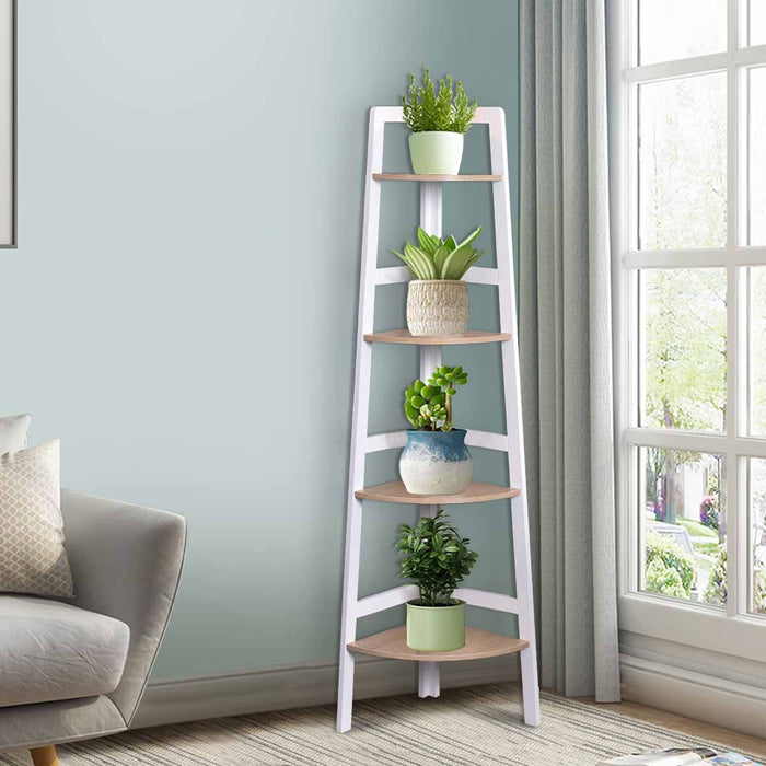 Scaffale a 4 ripiani in legno per fiori e piante Scaffale angolo per giardino e casa Bianco-Scaffali e librerie