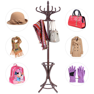 Appendiabiti da terra in legno con portaombrelli e 12 ganci Attaccapanni base a 4 piedi 184cm Mogano-Appendiabiti