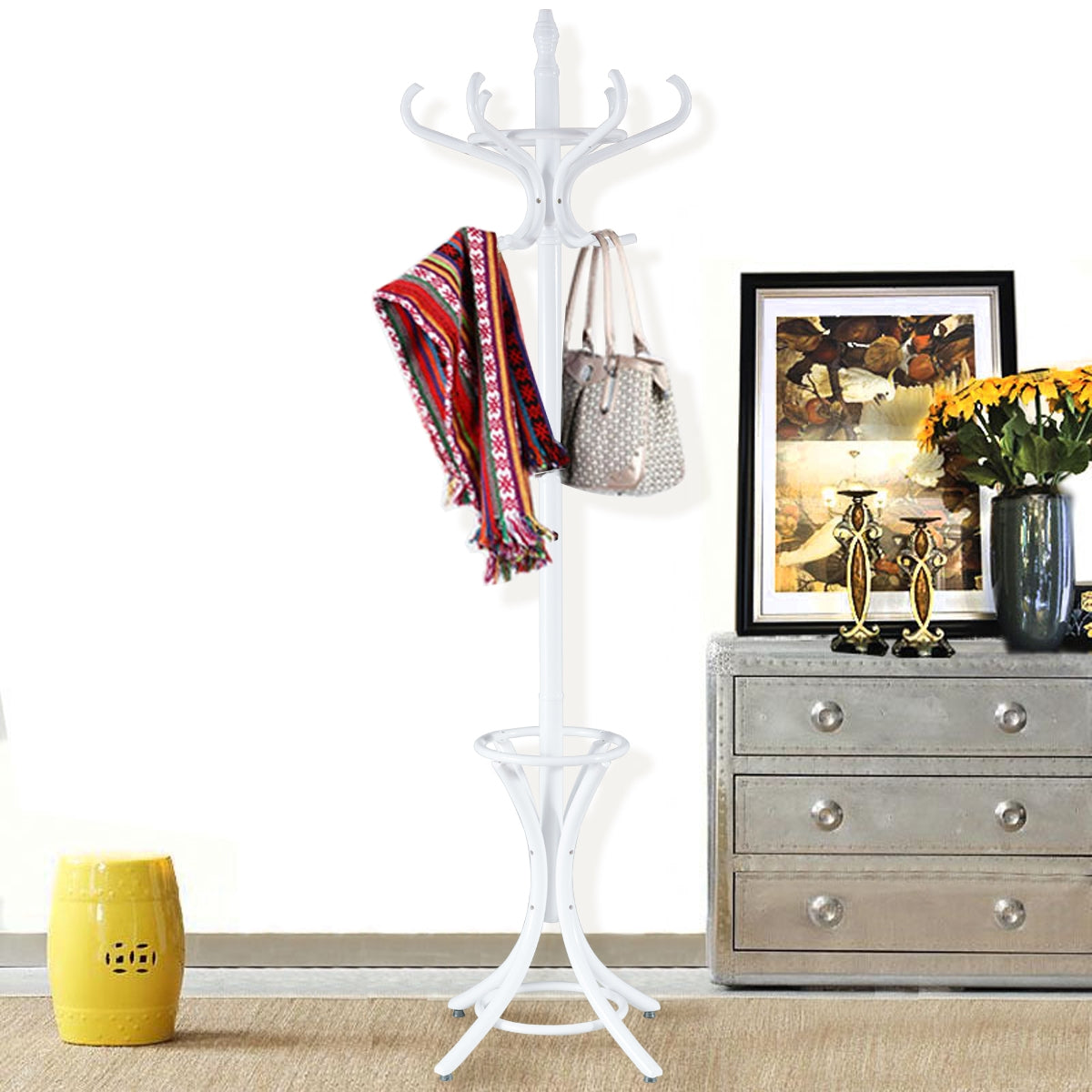 Appendiabiti da terra in legno con portaombrelli e 12 ganci Attaccapanni base a 4 piedi 184cm Bianco-Appendiabiti
