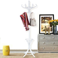 Appendiabiti da terra in legno con portaombrelli e 12 ganci Attaccapanni base a 4 piedi 184cm Bianco-Appendiabiti