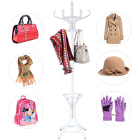 Appendiabiti da terra in legno con portaombrelli e 12 ganci Attaccapanni base a 4 piedi 184cm Bianco-Appendiabiti