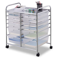 Carrello con 12 cassetti in plastica da ufficio e domestico 74x37x63cm Trasparente-Carrelli