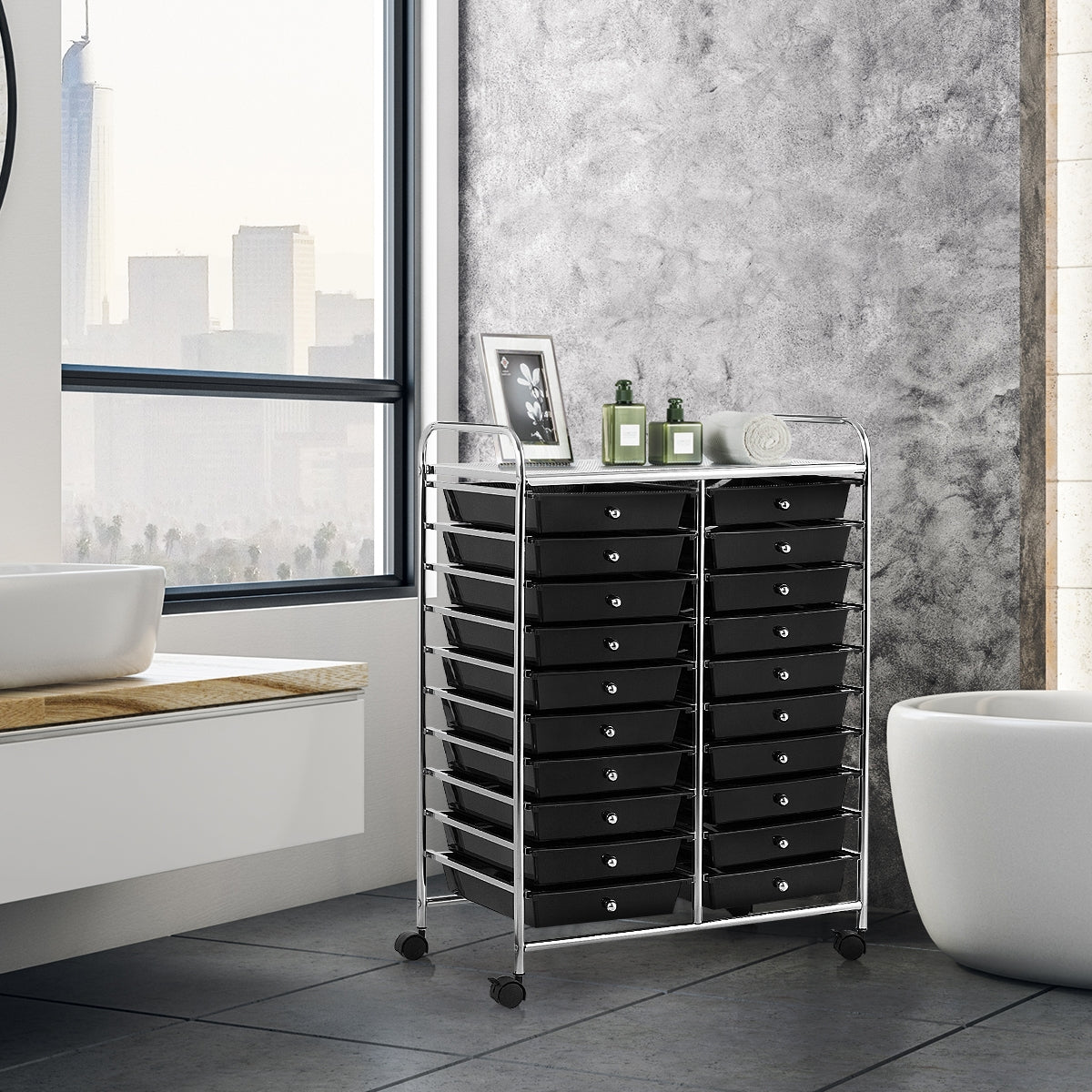 Carrello cassettiera multiuso e leggero con 20 cassetti, Contenitore con ruote per ufficio e casa Nero-Armadi da ufficio