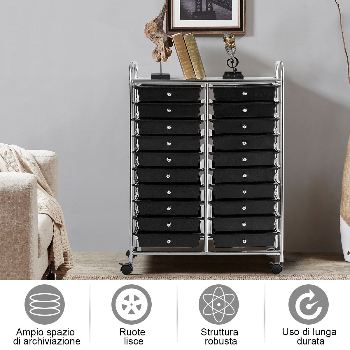 Carrello cassettiera multiuso e leggero con 20 cassetti, Contenitore con ruote per ufficio e casa Nero-Armadi da ufficio