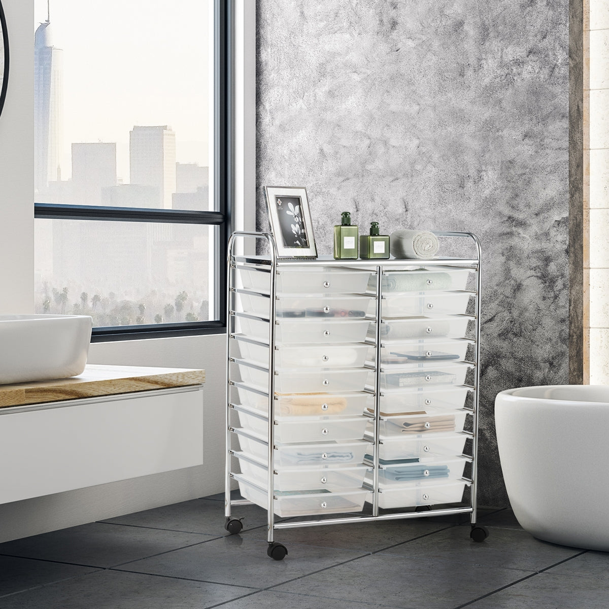 Carrello cassettiera multiuso e leggero con 20 cassetti, Contenitore con ruote per ufficio e casa Trasparente-Armadi da ufficio