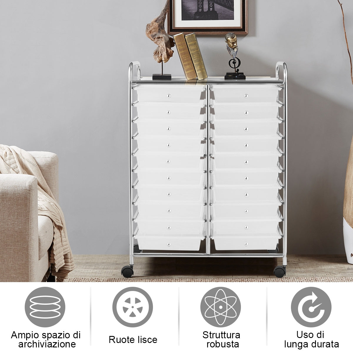 Carrello cassettiera multiuso e leggero con 20 cassetti, Contenitore con ruote per ufficio e casa Trasparente-Armadi da ufficio