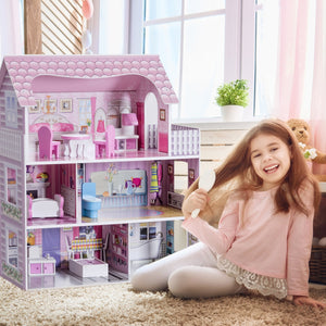 Casa delle bambole in legno per bambina Casa giocattolo dei bambini 3 piani con mobili e accessori 61x26,5x71cm-Cucine giocattoli