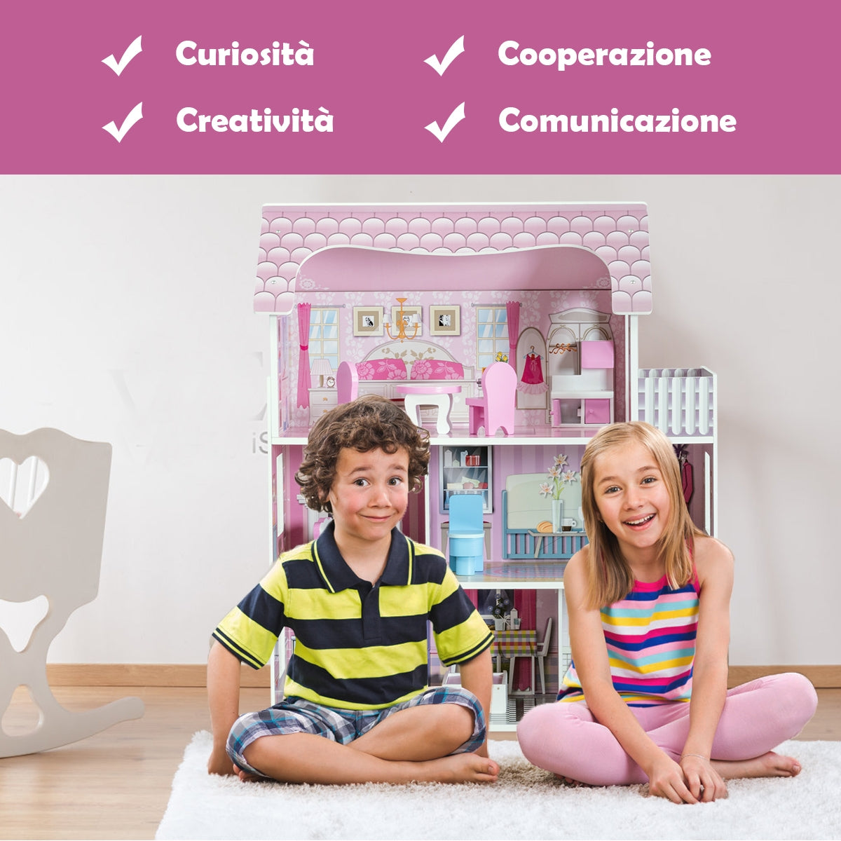 Casa delle bambole in legno per bambina Casa giocattolo dei bambini 3 piani con mobili e accessori 61x26,5x71cm-Cucine giocattoli
