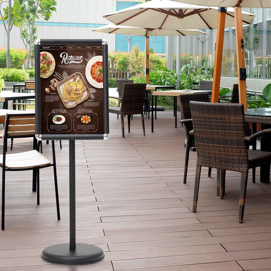 Espositore porta cartello regolabile con piedistallo, Espositore per cartello orizzontale e verticale in alluminio, Nero-Espositore pubblicitario