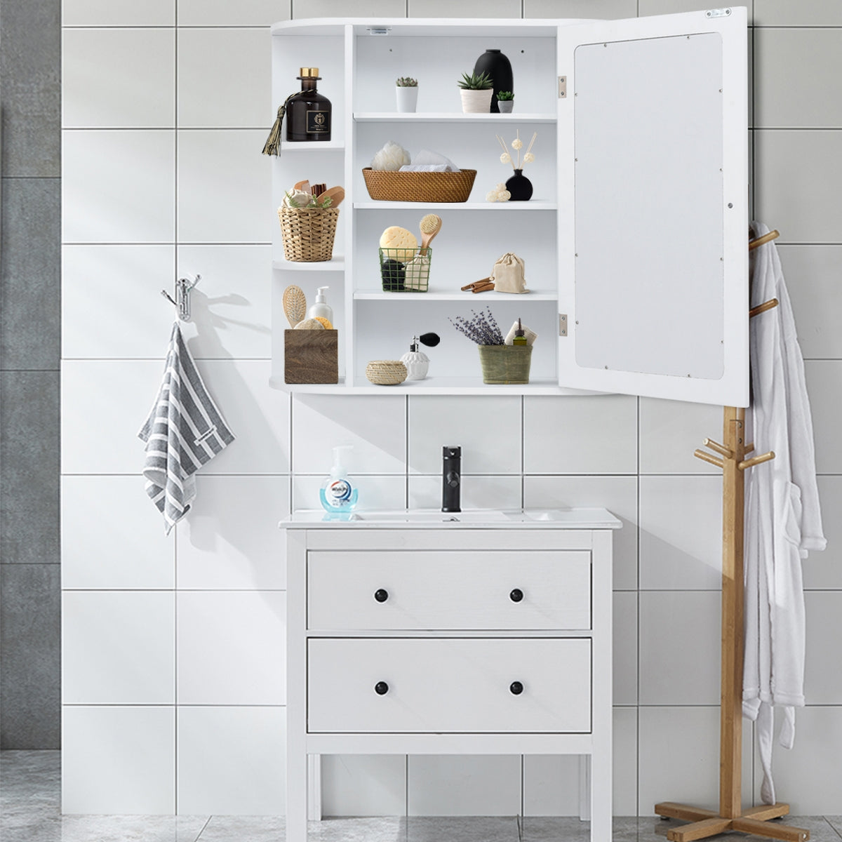 Armadietto a specchio pensile da bagno Mobile da parete con ante 65x17x63cm Bianco-Armadi da parete