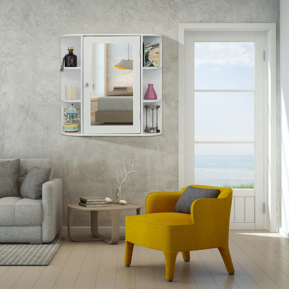 Armadietto a specchio pensile da bagno Mobile da parete con ante 65x17x63cm Bianco-Armadi da parete