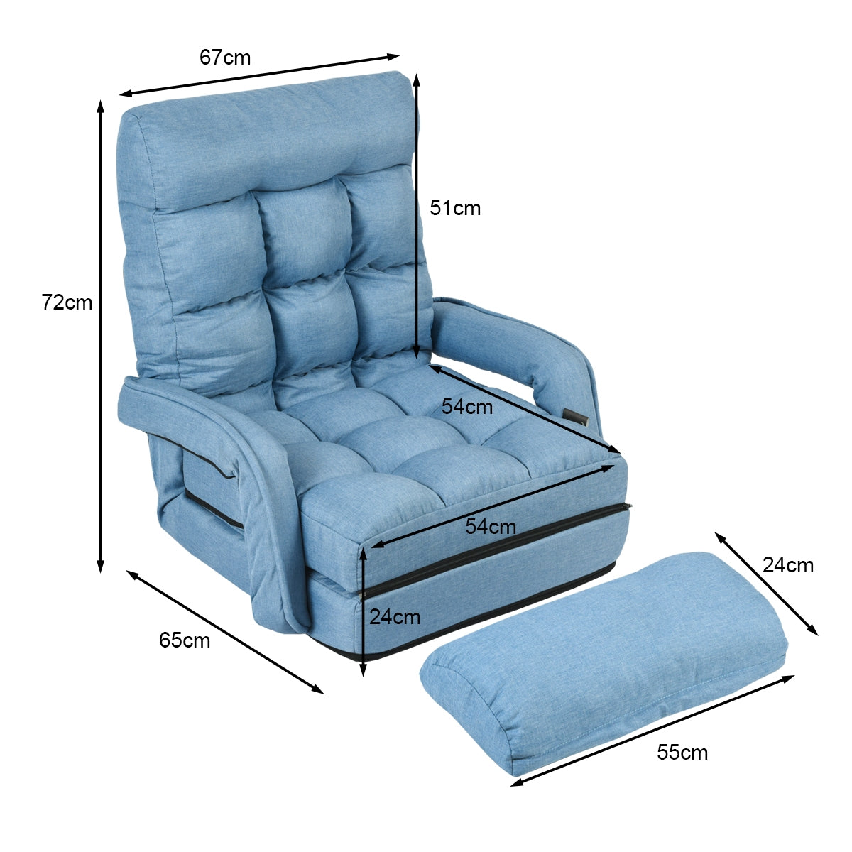 Divano letto in tessuto regolabile in 5 livelli con braccioli e cuscino pieghevole da terra, 173x67x12cm Blu-Divani letto