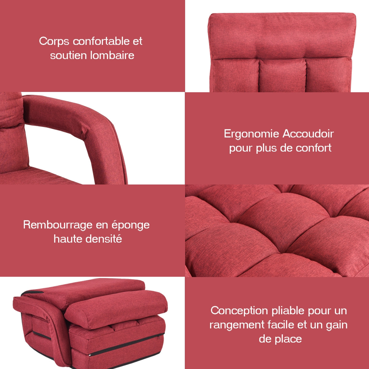 Poltrona trasformabile 54 x 56 x 70 cm con schienale alto 5 posizioni stile moderno per soggiorno o ufficio in lino rosso 20_0012079