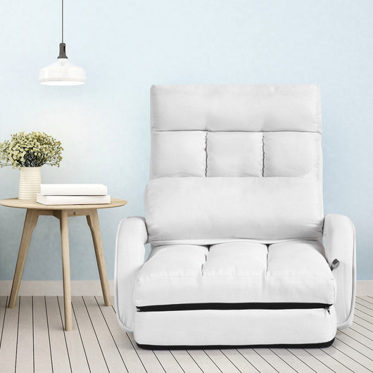 Divano letto in tessuto regolabile in 5 livelli con braccioli e cuscino pieghevole da terra, 173x67x12cm Bianco-Divani letto