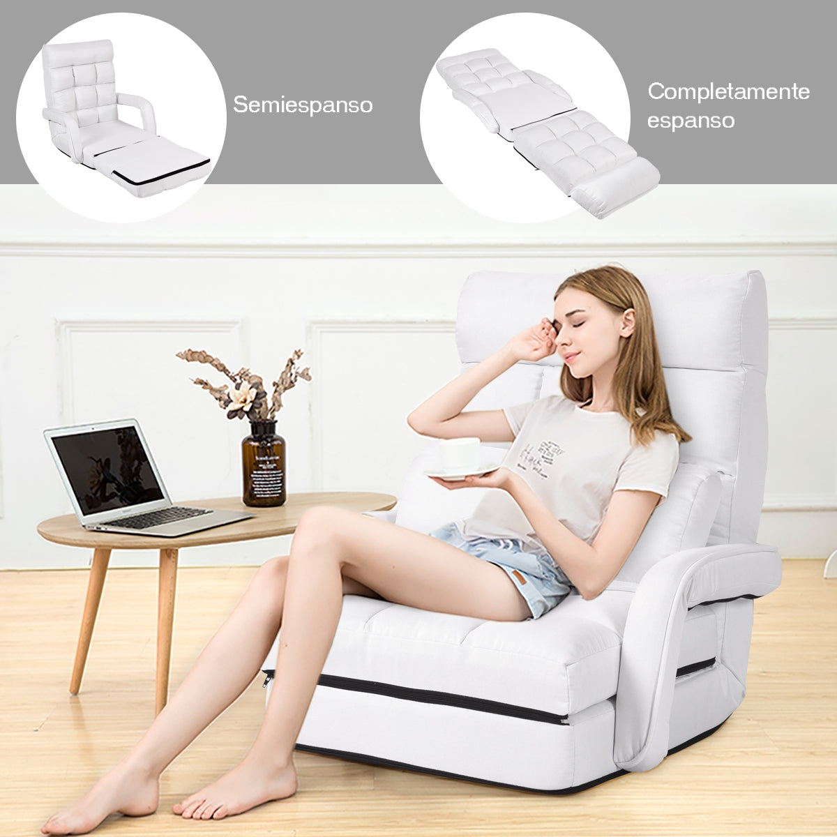 Divano letto in tessuto regolabile in 5 livelli con braccioli e cuscino pieghevole da terra, 173x67x12cm Bianco-Divani letto