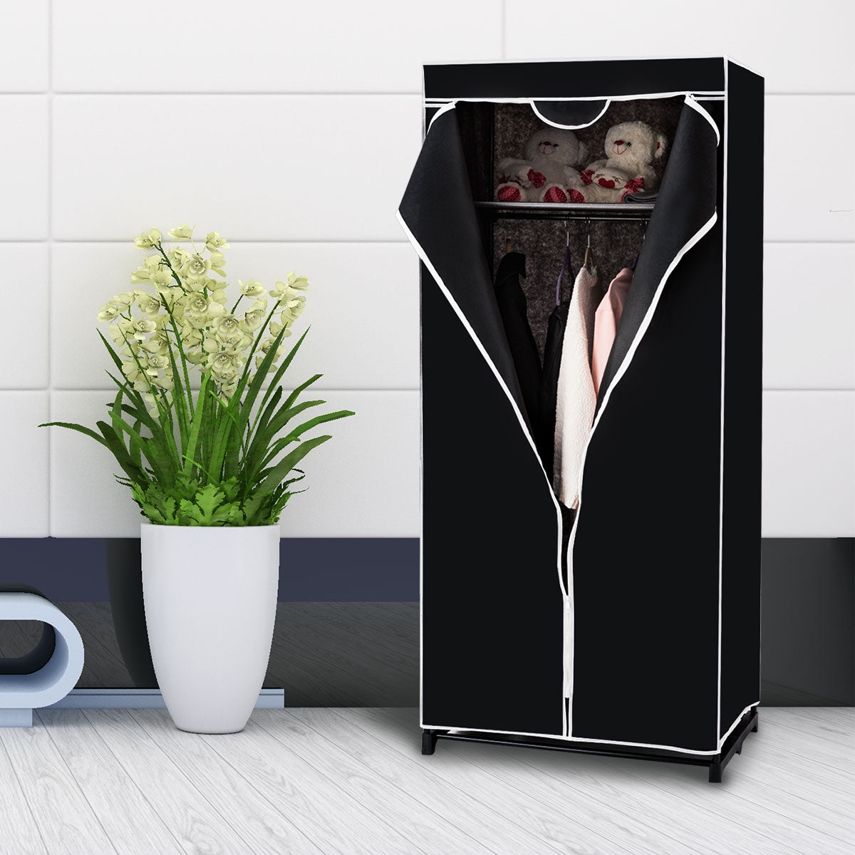 Armadio appendiabiti in tessuto pieghevole con tubo in metallo 74x50x172cm Nero-Armadi Appendiabiti