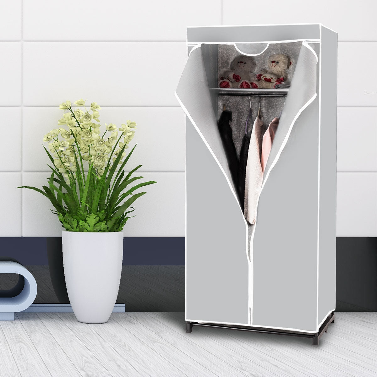 Armadio appendiabiti in tessuto pieghevole con tubo in metallo 74x50x172cm Grigio-Armadi Appendiabiti