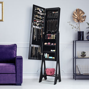 Armadio per gioielli con LED e specchio a figura intera, Organizer per i gioielli con angolo regolabile Nero-Armadietti per gioielli