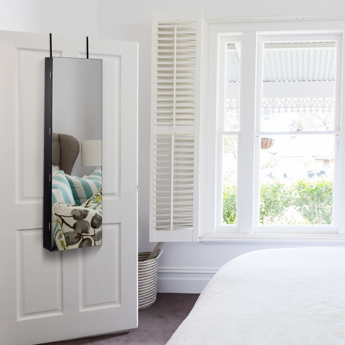 Armadio portagioie con specchio in legno a parete con LED interno 35,5x10x120cm Nero-Armadietti per gioielli