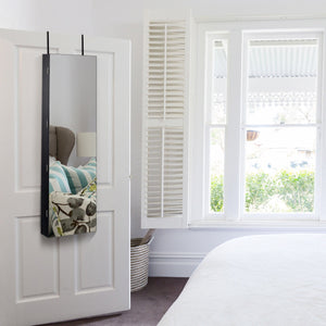 Armadio portagioie con specchio in legno a parete con LED interno 35,5x10x120cm Nero-Armadietti per gioielli