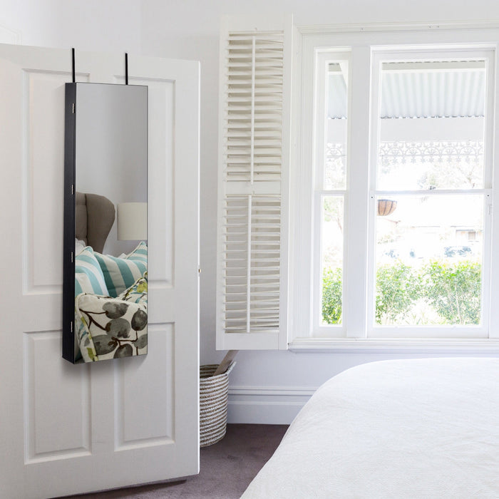 Armadio portagioie con specchio in legno a parete con LED interno 35,5x10x120cm Nero-Armadietti per gioielli