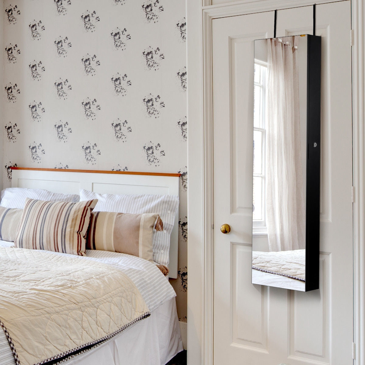 Armadio portagioie con specchio in legno a parete con LED interno 35,5x10x120cm Nero-Armadietti per gioielli