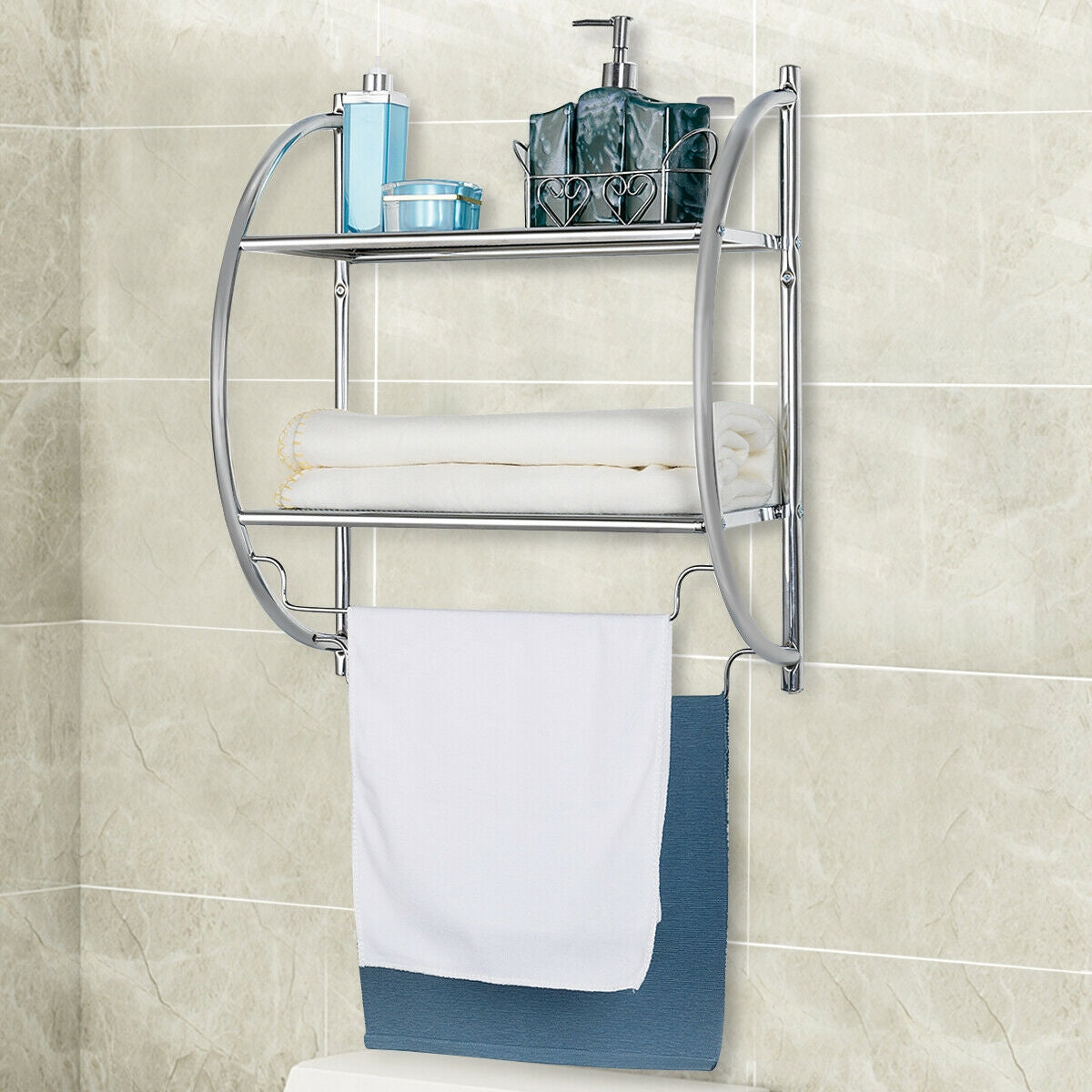 Portasciugamani da parete per bagno-Mensola a 2 ripiani in acciaio inossidabile 45x26x55cm Argenteo