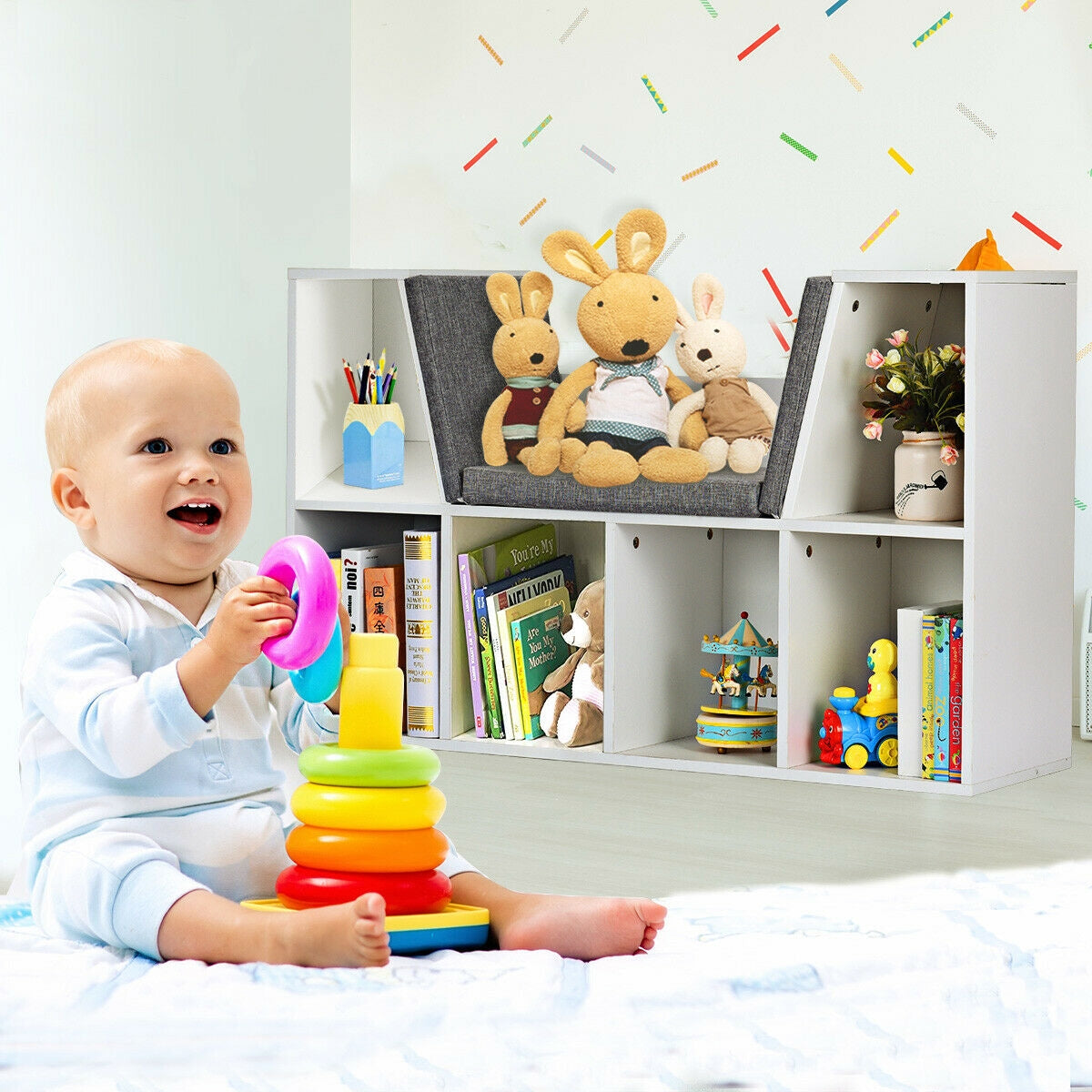 Scaffale per libri in legno-Libreria con 6 box scomparti e una sedia per bambini Bianco
