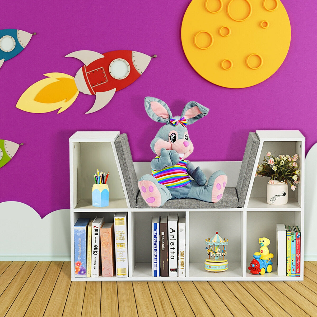 Scaffale per libri in legno-Libreria con 6 box scomparti e una sedia per bambini Bianco