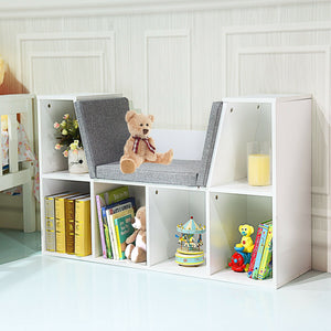 Scaffale per libri in legno-Libreria con 6 box scomparti e una sedia per bambini Bianco