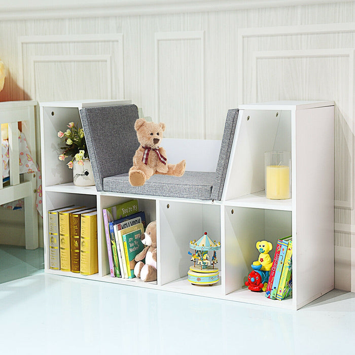 Scaffale per libri in legno-Libreria con 6 box scomparti e una sedia per bambini Bianco