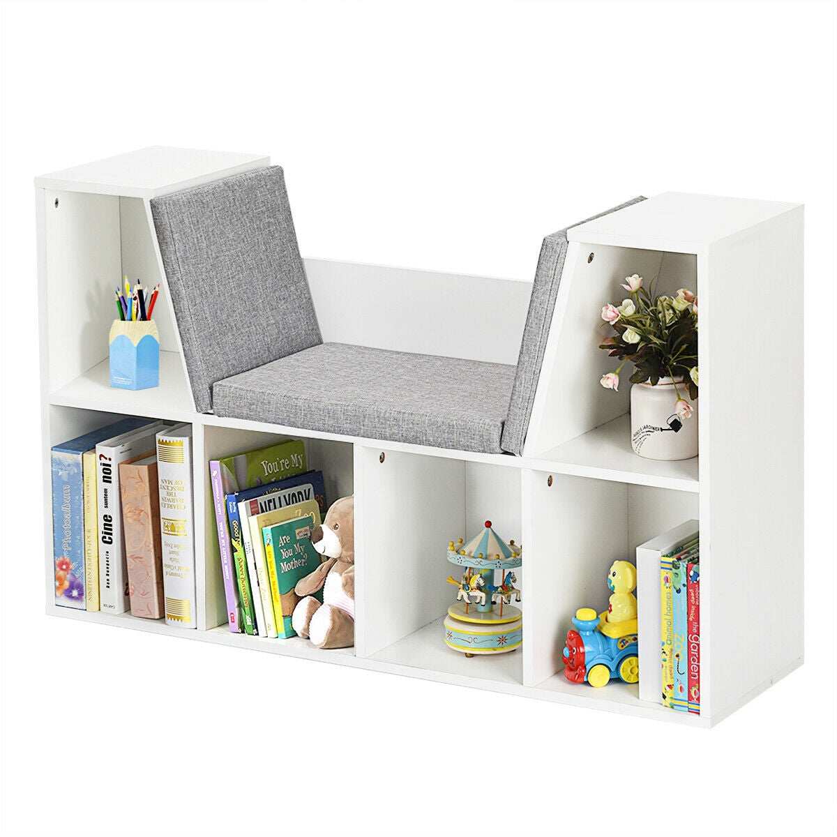 Scaffale per libri in legno-Libreria con 6 box scomparti e una sedia per bambini Bianco
