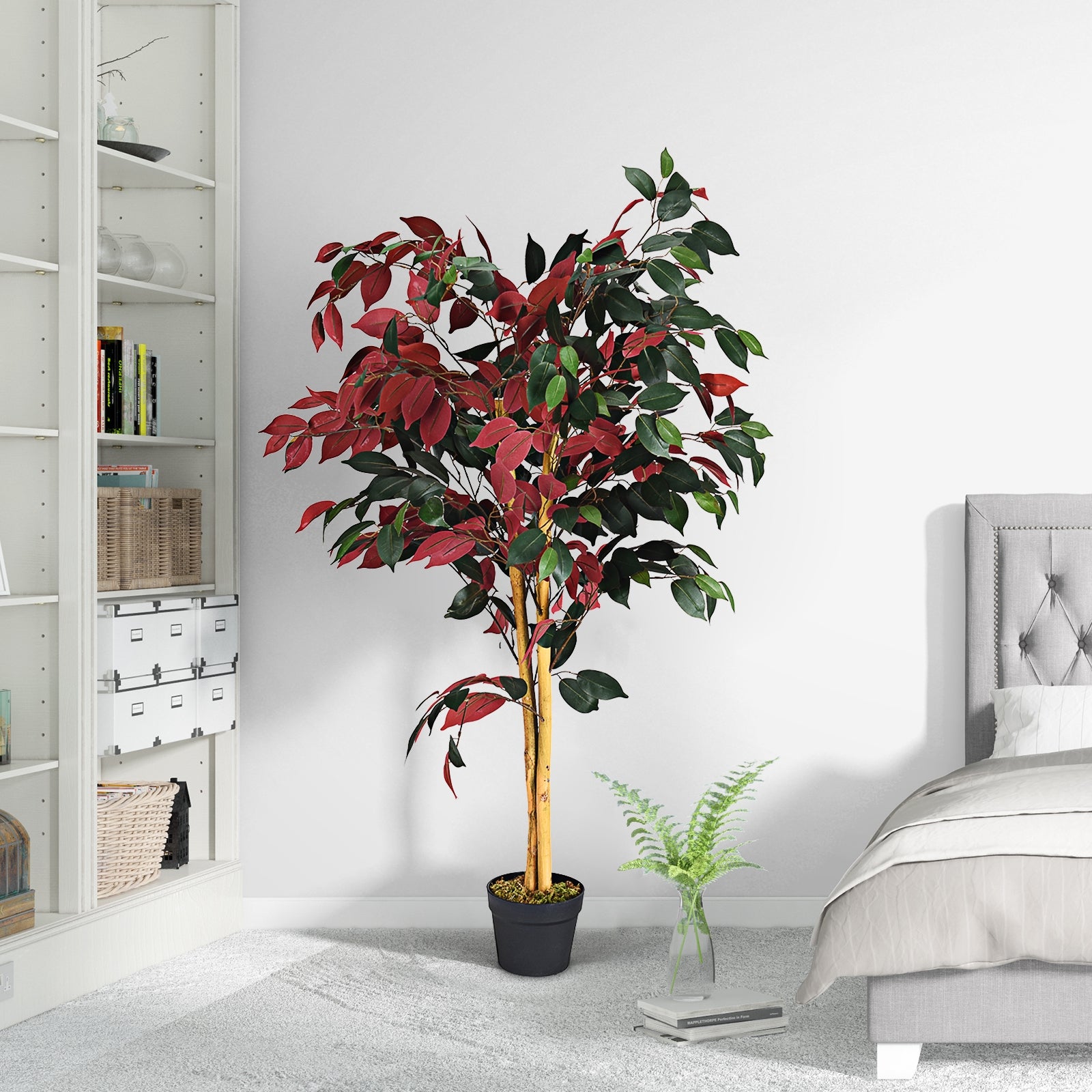 Pianta artificiale realistica e decorativa, Fico finto 120 cm in vaso, Verde e rosso-Piante artificiali