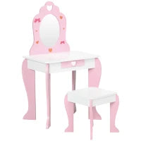 Set Tavolo Trucco con Sgabello, Specchio e Cassetto in MDF per Bimbi 3-6 Anni, Bianco e Rosa