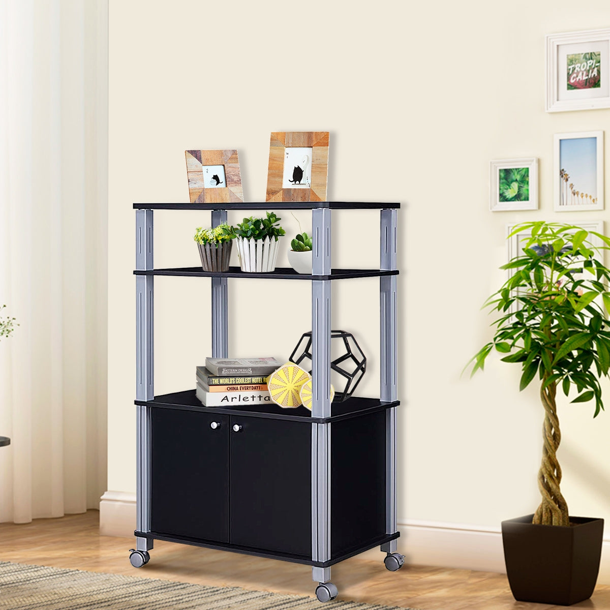 Carrello da cucina multiuso con ruote e 2 ante Carrello in legno a 3 ripiani-Buffet-Armadio da cucina 60x40x98cm Nero