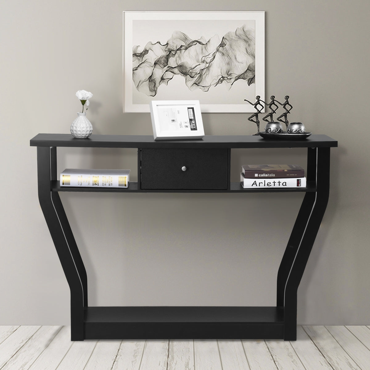 Tavolo con cassetto e 3 ripiani da studio e ufficio-Consolle per ingresso e salone multiuso 120x30x81cm Nero