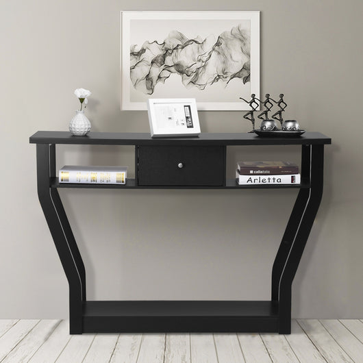 Tavolo con cassetto e 3 ripiani da studio e ufficio-Consolle per ingresso e salone multiuso 120x30x81cm Nero