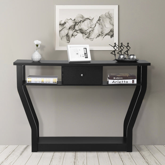 Tavolo con cassetto e 3 ripiani da studio e ufficio-Consolle per ingresso e salone multiuso 120x30x81cm Nero