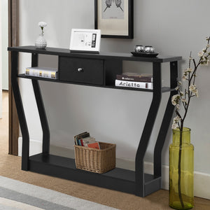 Tavolo con cassetto e 3 ripiani da studio e ufficio-Consolle per ingresso e salone multiuso 120x30x81cm Nero