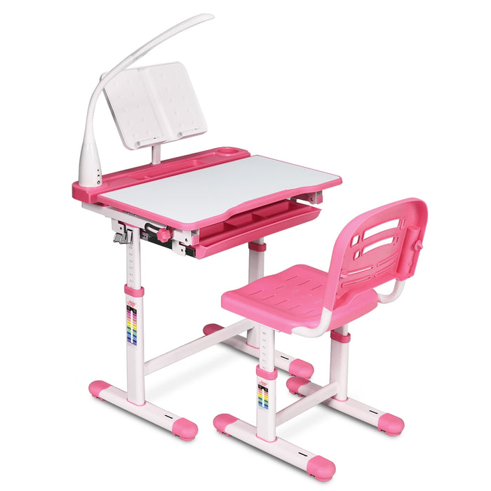Scrivania per bambini altezza regolabile 54-76cm Set tavolo e sedie bimbi inclinabile con lampada, Rosa-Tavoli e sedie