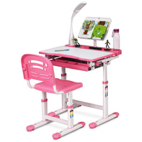 Scrivania per bambini altezza regolabile 54-76cm Set tavolo e sedie bimbi inclinabile con lampada, Rosa-Tavoli e sedie