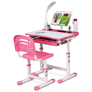 Scrivania per bambini altezza regolabile 54-76cm Set tavolo e sedie bimbi inclinabile con lampada, Rosa-Tavoli e sedie