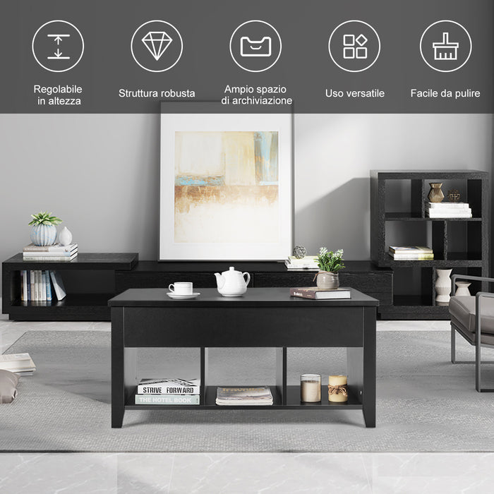 Tavolino da caff¨¨ moderno di sollevamento in legno con scompartimenti nascosti e 3 mensole aperte-Buffet Nero