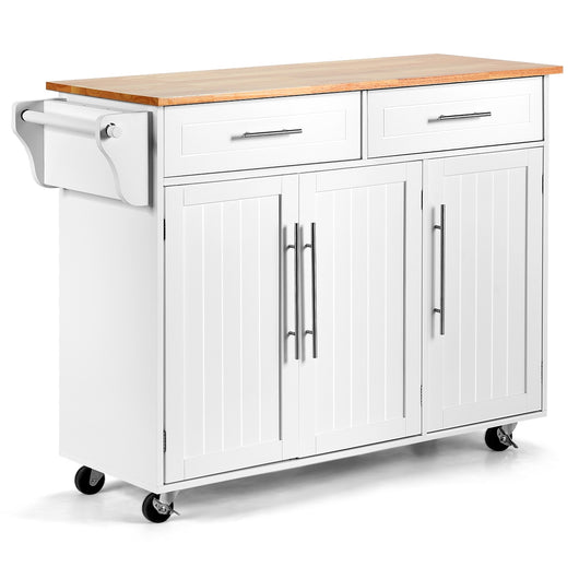 Carrello da cucina in legno con 2 cassetti e maniglia, Armadietto da cucina con ruote 122x45,5x92,5cm Bianco-Carrelli