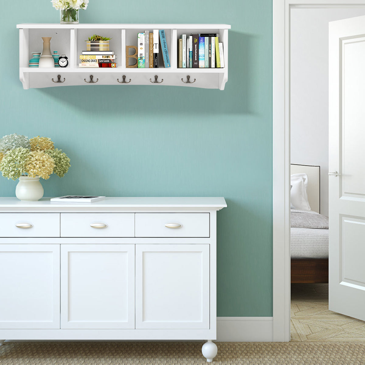 Armadio da ingresso montato al muro con 4 scompartimenti e 5 ganci, Armadio appeso per salone e cucina Bianco-Mobili da ingresso