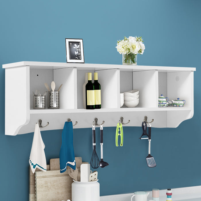 Armadio da ingresso montato al muro con 4 scompartimenti e 5 ganci, Armadio appeso per salone e cucina Bianco-Mobili da ingresso